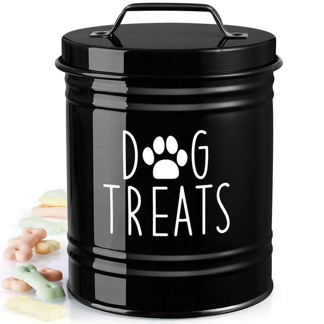 OUTNILI Small Dog Treat Container Airtight - 6" Tall X 4.9" Round Black Dog Treat Jar for Kitchen Counter - Rustic Treat Storage Canister for Dogs, Cats, Small Animals - Gifts for Pet Owners