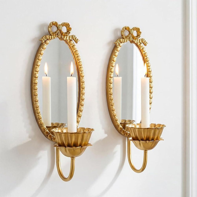 Acellegic Set of 2 Antique Gold Brass Wall Sconce Mirror Lotus Candle Holder Metal Bow Style Ornate Oval Hanging Wall Mirror Candlestick Holders for Vintage Home Living Room Bedroom Decor