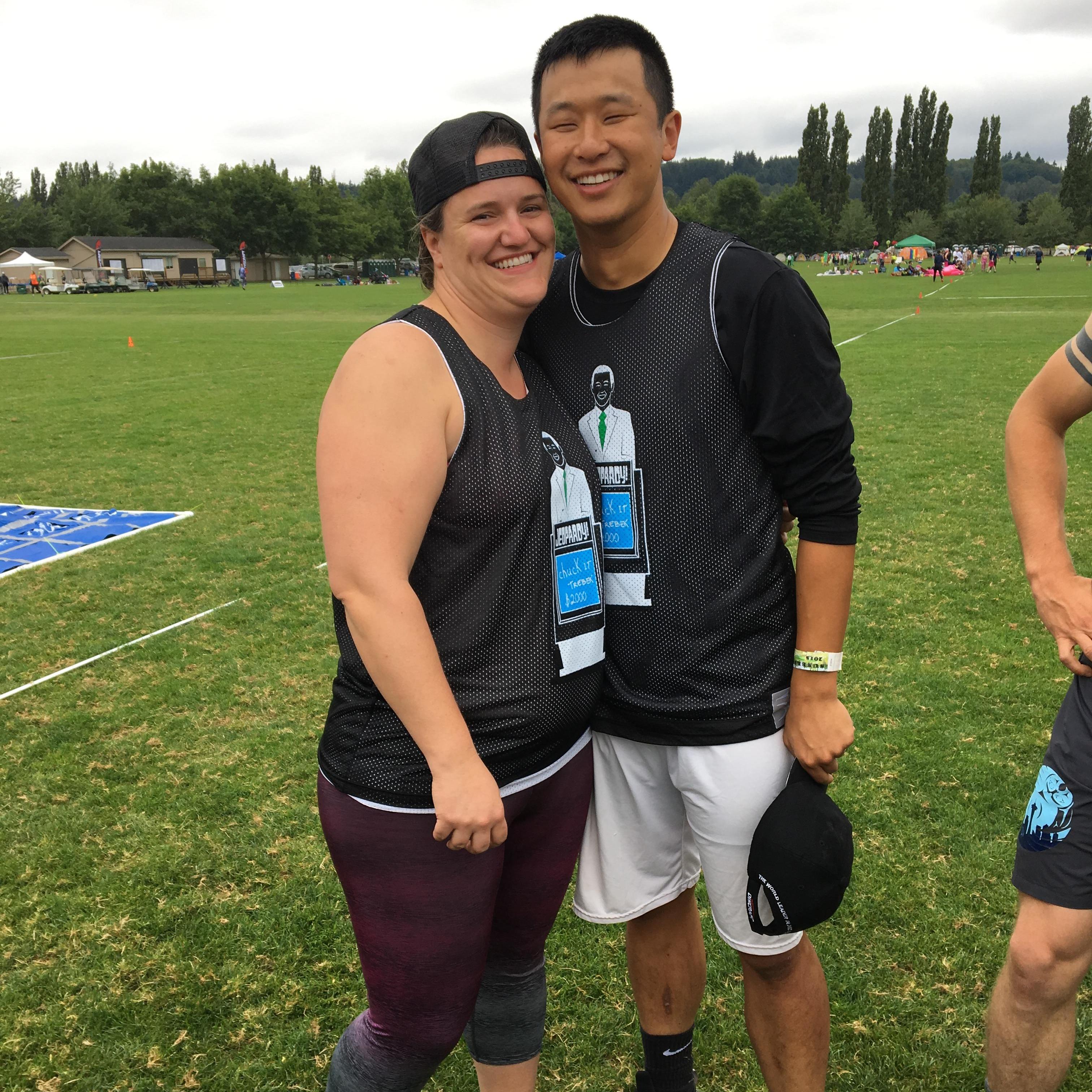 Amelia surprised Chuck at a tournament with custom "Chuck It Trebek" frisbee jerseys with an image of him on it.