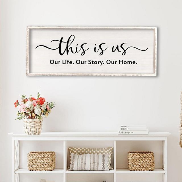 This is us Wall Decor Sign 40'' x 15'' Large Master Bedroom Home Life Story Wood Framed Vintage Family Sign Rustic Plaque Living Room Minimalist Farmhouse Hanging Wall Art (White)