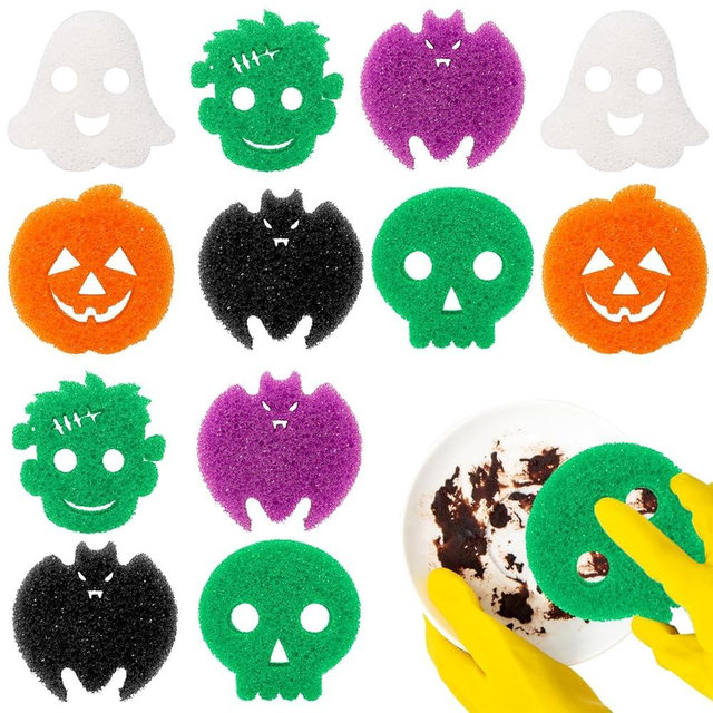 12 Pack Halloween Sponges Halloween Kitchen Decor Halloween Cleaning Sponges Cute Kitchen Scrub Sponges Skeleton Ghost Bat Pumpkin Sponge Non Scratch Temperature Sensitive Scrubbing.
