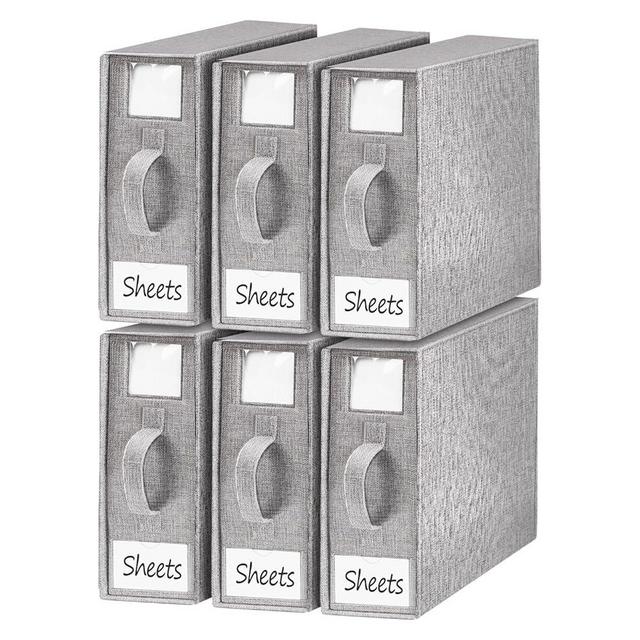 BUFOR Foldable Sheet Set Organizer, Bed Sheet Storage Organizer with Visual Window, (Queen & King Size) Sheet Storage Box (6 Pack, Grey)