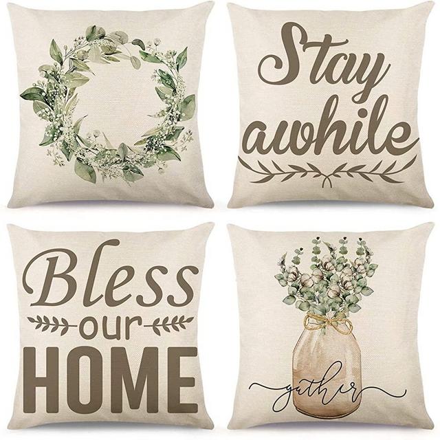Tosewever Set of 4 Decorative Spring Wreath Pillow Covers 18 x 18 Inches - Summer Floral Leaves Bless Home Linen Cushion Case for Farmhouse Decor Room Bedroom Sofa Chair Car (18" x 18", Green/Wreath)