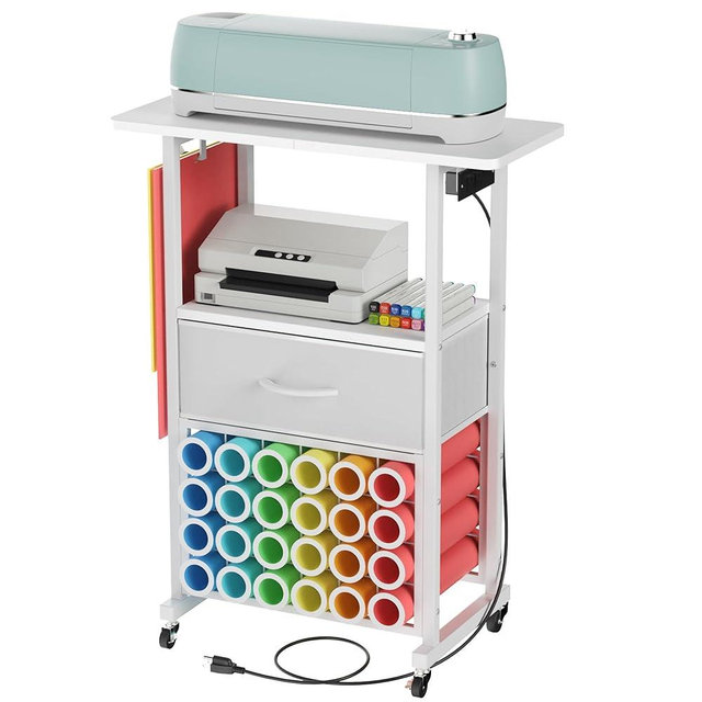 Rolling Craft Cart with Charging Station & Fabric Drawer, 24 Vinyl Roll Holders for Cricut, Organizers and Storage Compatible with Maker, Organization for Craft Room, White