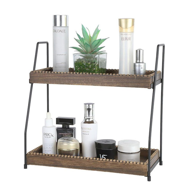 Gurfuy Bathroom Vanity Organizer 2-Tier Wood Countertop Storage Counter Shelf for Makeup Skincare Perfume Jewelry Tray Spice Rack Brown