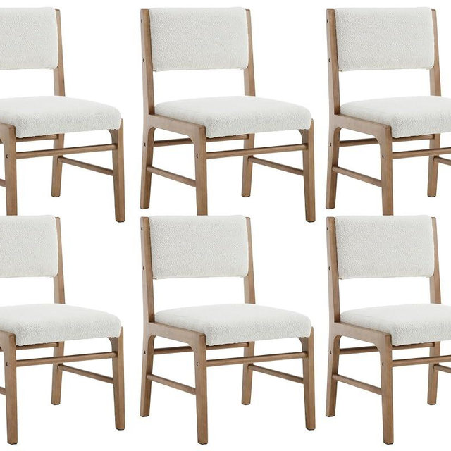VESCASA Upholstered Dining Chairs with Rectangular Cushion Back, Mid-Century Modern Padded Dining Chairs with Wood Legs for Dining Room, Kitchen, Set of 6, White Sherpa Fleece