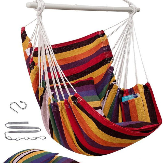 MIZTLI Hammock Chair Hanging Chair Swing Chair Hanging Chair for Bedroom Indoor Outdoor- Max 500 Lbs－Steel Spreader Bar with Anti-Slip Rings, 2 Cushions