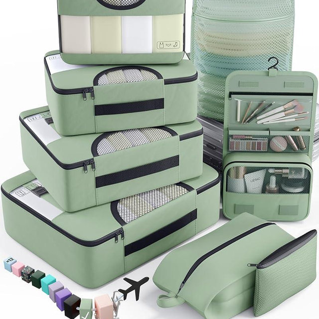 Veken 8 Set Packing Cubes for Travel Essentials, Suitcase Organizer Bags in 4 Sizes, Carry-On Luggage Accessories with Large Laundry & Hanging Toiletry Bag, Must-Have for Airplane, Road Trip & Camping