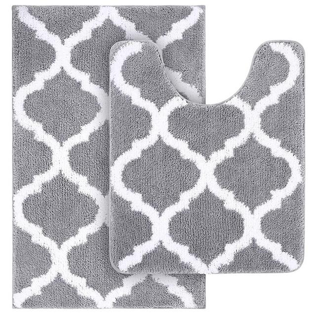 Olanly Bathroom Rugs Set 2 Piece Microfiber Bath Shower Mat and U-Shaped Toilet Rug, Machine Wash Dry, Non Slip Absorbent Shaggy Bath Rug for Tub, Shower and Bath Room (20" x 32"+20" x 24", Grey)