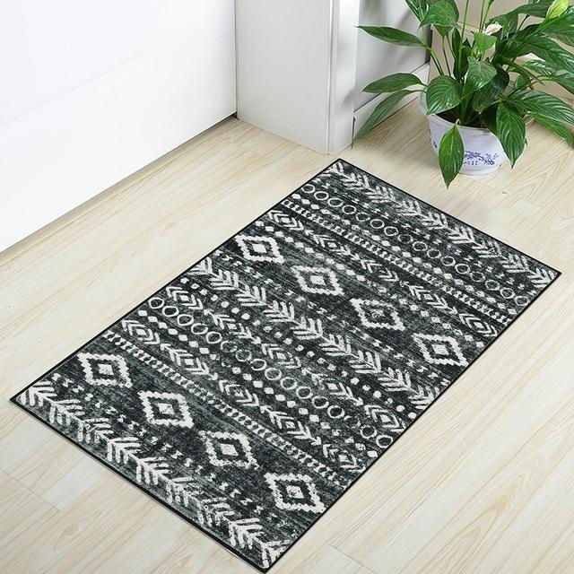 Lahome Farmhouse Moroccan Throw Rug,Washable 2x3 Entryway Rug Non Slip Low-Pile Soft Bath Mat,Rustic Tribal Black White Kitchen Boho Rugs Rubber Backing for Entry Front Door