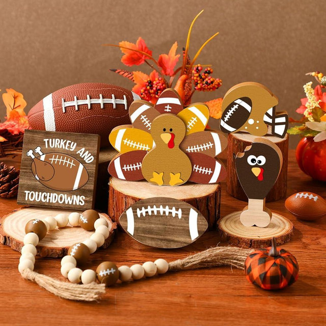 Yousoontic 6 Pcs Thanksgiving Football Turkey Tiered Tray Decor Rugby Farmhouse Wooden Standing Tabletop Centerpiece Fall Home Centerpieces Bead Garland with Tassel for Autumn Harvest Indoor Sign