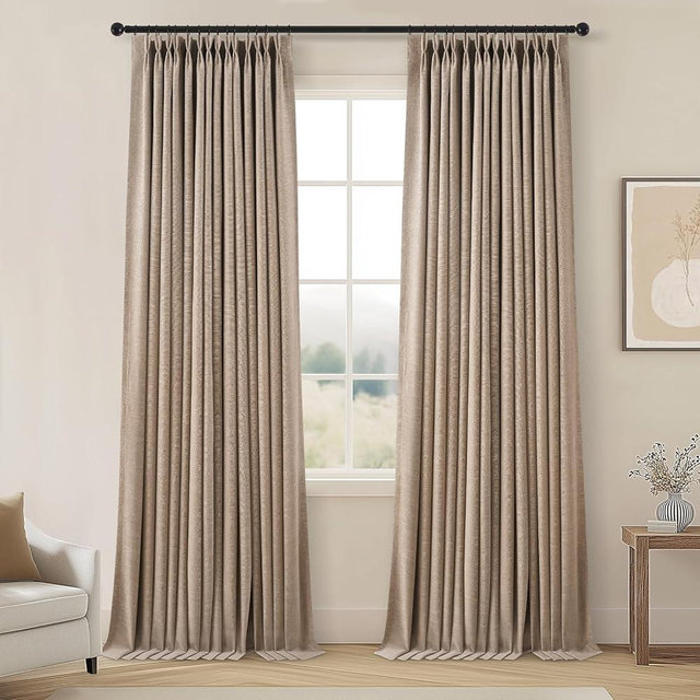 Topfinel Extra Long 100% Blackout Brown Linen Curtains 108 Inches Long for Living Room Large Window with Hooks Rings, Floor to Ceiling Pinch Pleated Country Farmhouse Curtains 2 Panels 9 FT,W40”xL108”