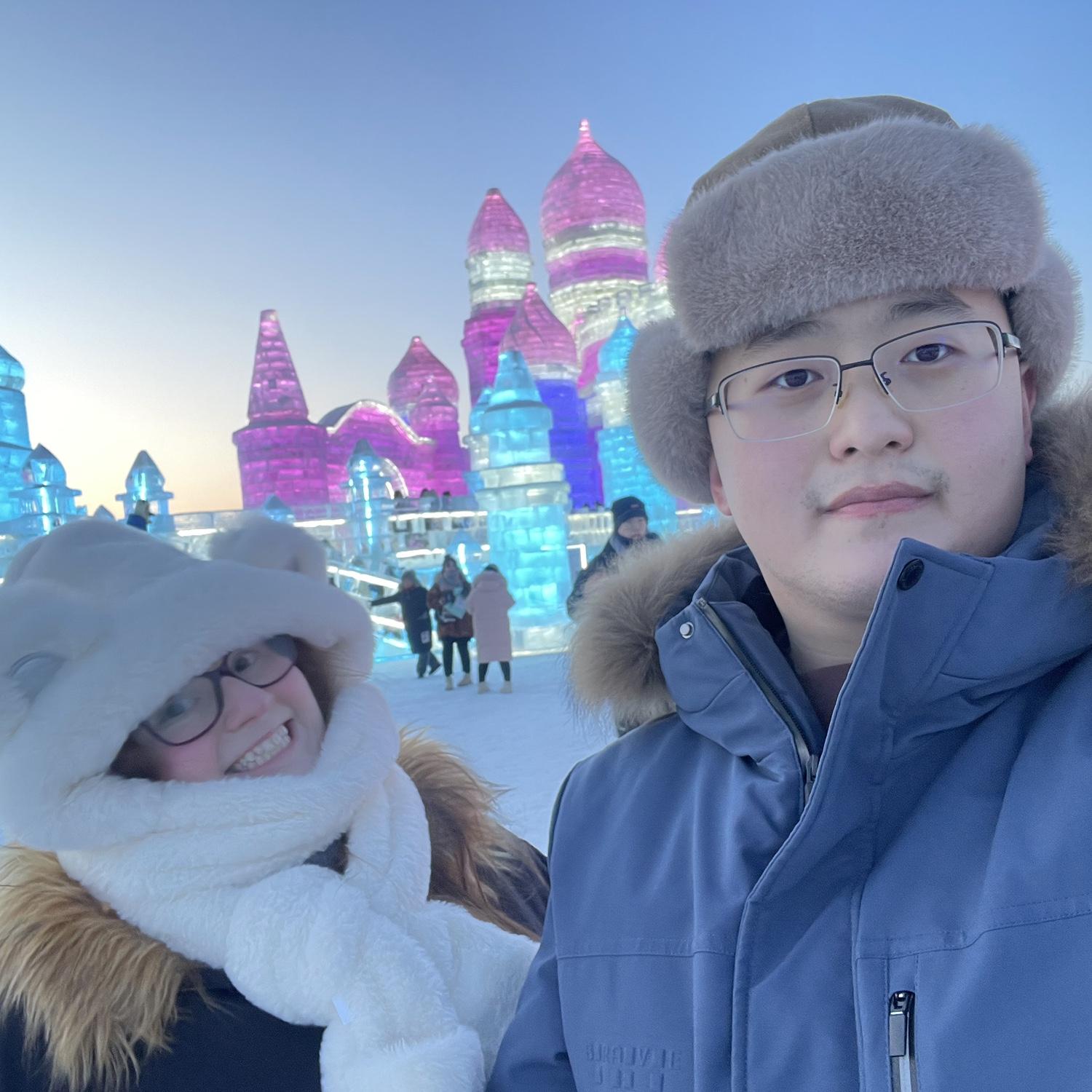 Haonan and Allison at the Snow and Ice Festival in Harbin, Heilongjiang Province. It’s a massive landscape of carved ice with lights, activities, and tasty food.