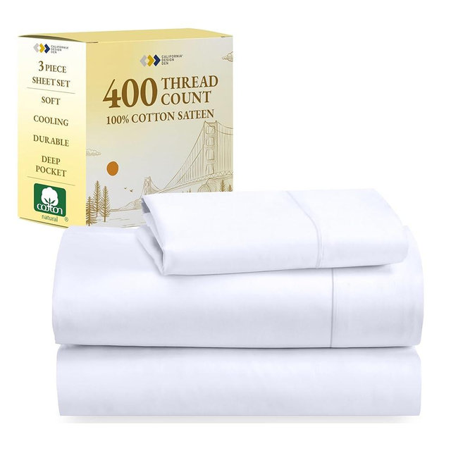 California Design Den Twin XL Sheets Set - Soft 400 Thread Count Sateen, Natural 100% Cotton Sheets, Deep Pockets with All Around Elastic for a Snug Fit, Cool & Durable Bedding Set - White