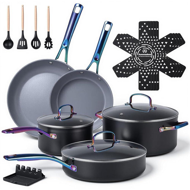 Ammeloo 17 Pcs Ceramic Cookware Set, Induction Pots and Pans Set Non Stick, Premium Colored Stay Cool Handle, Non Toxic PFOA PFOS Free, Oven Safe & Compatible with All Stovetops, Black