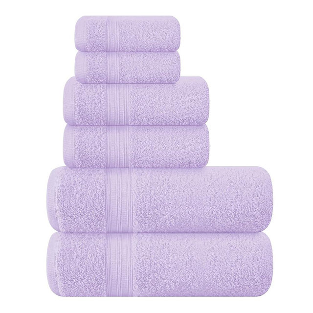 BOUTIQUO 6 Pack Cotton Towel Set, Contains 2 Bath Towels 27x54 inch, 2 Hand Towels 16x24 inch & 2 Wash Coths 12x12 inch, Ideal Everyday use, Ultra Soft Compact & Lightweight - Purple
