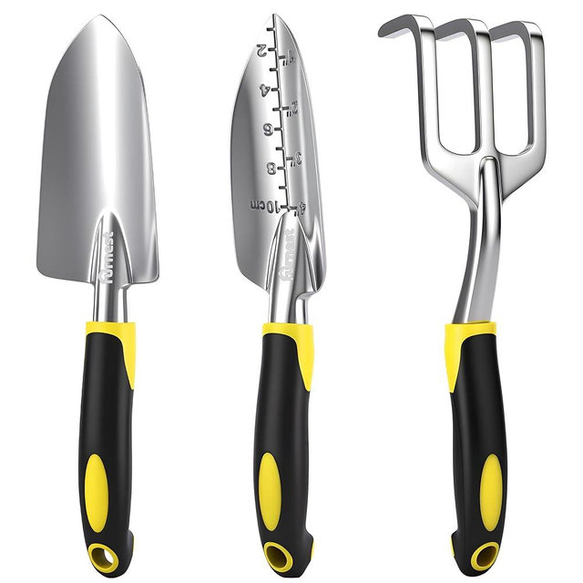 FurNest Garden Tool Set, 3 Pack Staines Steel Heavy Gardening Kit Including Hand Shovel, Transplant Shovel and Hand Rake for Planting, Digging, Weeding
