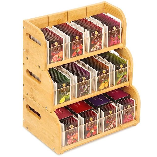 Bamboo Tea Bag Organizer, 3-Tier Tea Bag Holder Storage Organizer, Stackable Tea Packet Rack/Shelf, Tea Station Stand with Acrylic Partition for Counter, Cabinet and Pantry