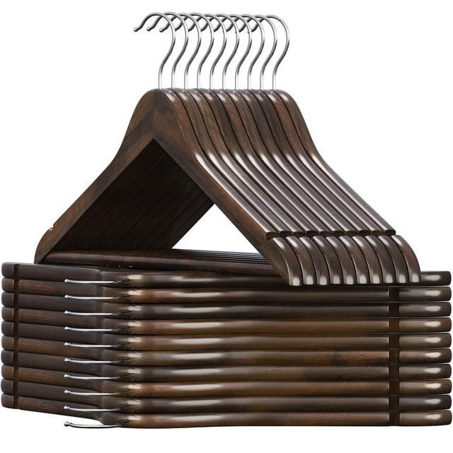 SONGMICS Solid Wood Hangers, 20-Pack Coat Hangers with Shoulder Notches, Trousers Bar, 360° Swivel Hook, Non-Slip for Jackets, Shirts, Dresses, Dark Walnut UCRW02V20