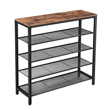 VASAGLE Shoe Rack, 5-Tier Shoe Storage Organizer with 4 Metal Mesh Shelves for 16-20 Pairs and Large Surface for Bags, for Entryway, Hallway, Closet, Industrial, Rustic Brown ULBS15BX