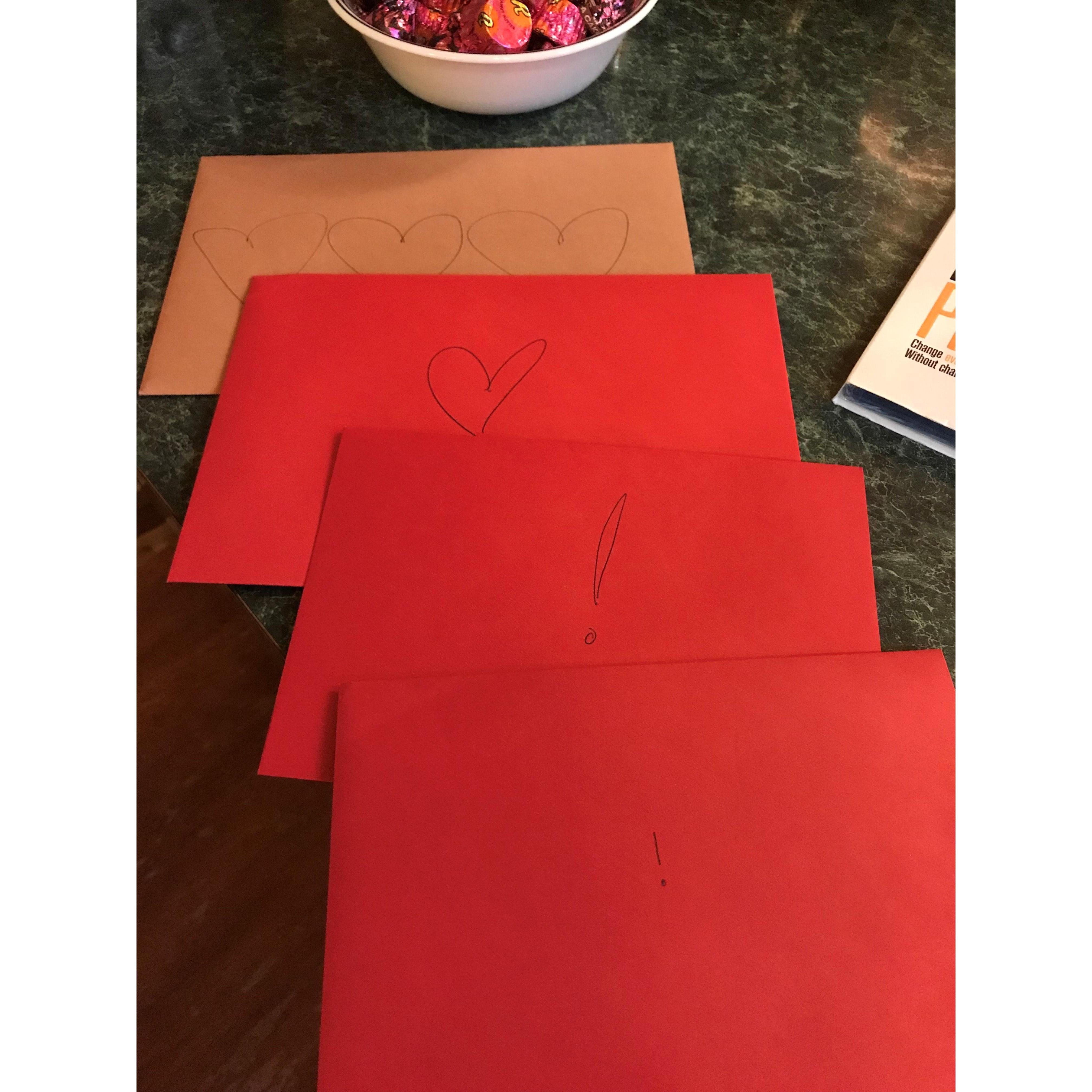 For every holiday, we both get each other 2 cards, a sweet card (marked w/ a heart on envelope) and a fun card (with ! on envelope)