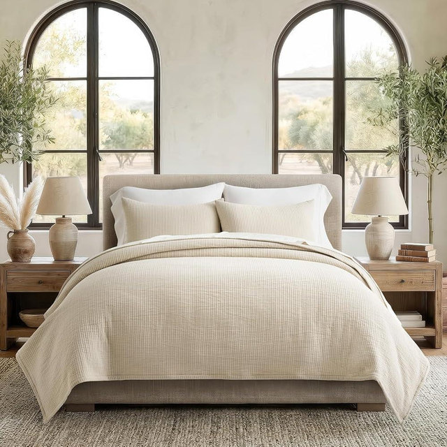 EVERGRACEHOME Cotton Gauze King Bedspread, Ultra Soft Prewashed Pick Stitch Matelassé Coverlet, Lightweight Textured Oversized King Quilt Bedding Set for All Season, with 2 Shams, Soft Oat