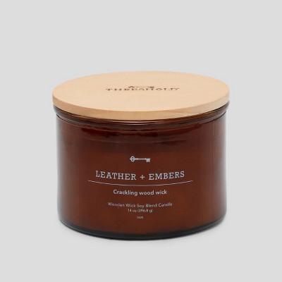 14oz Lidded Glass Jar Crackling Wooden 3-Wick Candle Leather &#38; Embers - Threshold&#8482;
