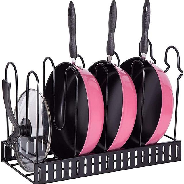 MDHAND Pan Organizer Rack for Cabinet, Pan Pot Lid Organizer Rack with 5 Adjustable Dividers, Kitchen Cookware Storage Rack
