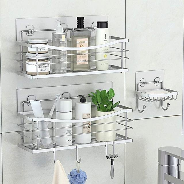 ODesign Adhesive Shower Caddy Basket Shelf with 4 Hooks for Shampoo Conditioner Sponge Razor Soap Dish Holder Kitchen Bathroom Organizer No Drilling Wall Mounted Stainless Steel Rustproof - 3 Pack