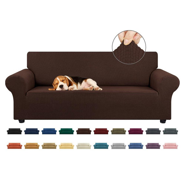 KEKUOU Stretch Sofa Cover Slipcover ，Couch Covers for 3 Cushion Couch Sofa pet Friendly (78"-94") Furniture Protector Sofa with Elastic Bottom for Kids,Dog, Jacquard Small Checked(Large,Chocolate)