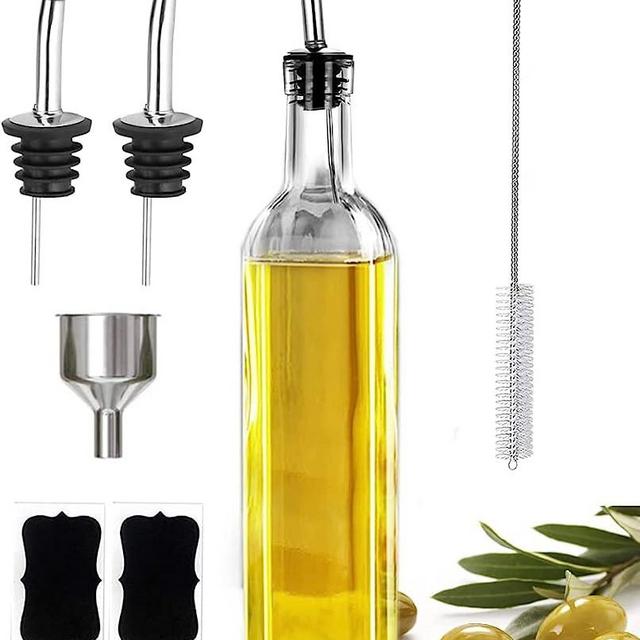 Leaflai Olive Oil Dispenser Bottle, 1 Pcs Glass Olive Oil Dispenser and Vinegar Dispenser Set with 2 Stainless Steel Pourers, 2 Labels,1 Brush and 1 Funnel Oil Bottles for Kitchen (500ml)