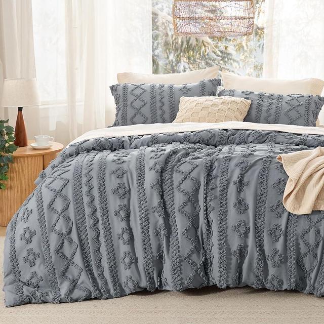 Bedsure Tufted Boho Comforter Set King - Grey Boho Bedding Comforter Set, 3 Pieces Farmhouse Shabby Chic Embroidery Bed Set, Gifts for Woman, Soft Jacquard Comforter for All Seasons