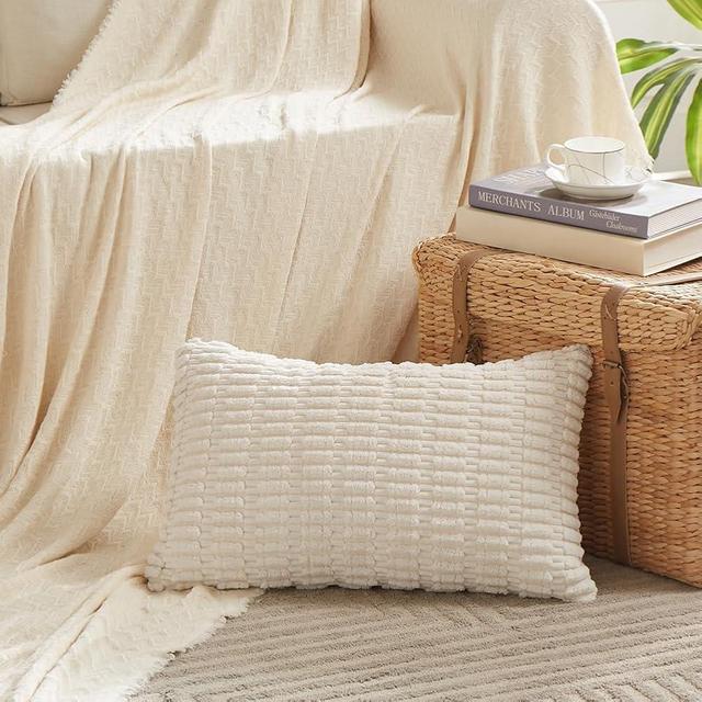 Fancy Homi Cream Boho Long Body Lumbar Lumbar Decorative Throw Pillow Cover 14x36 Inch for Bed Couch Bedroom Bench, Soft Corduroy Rectangle Solid Pillow Case 35x91 cm, Rustic Farmhouse Room Decor
