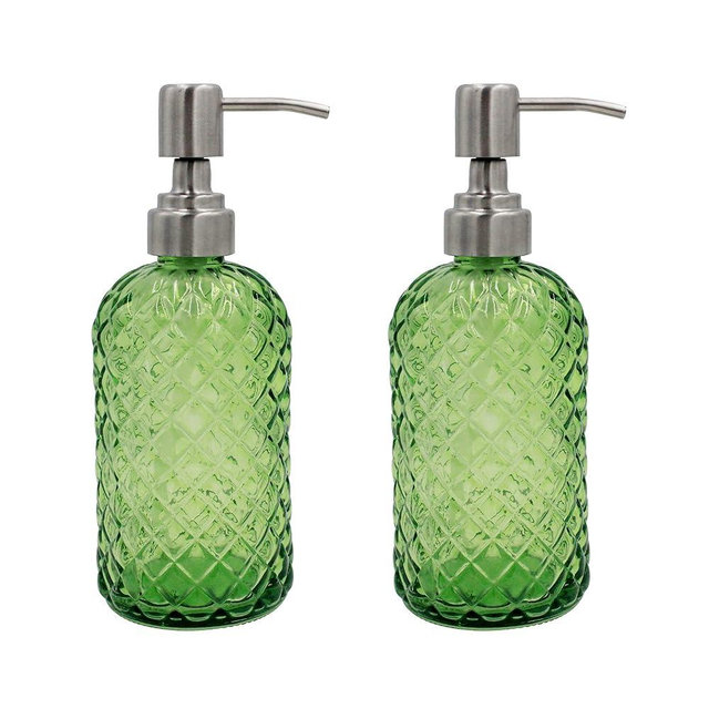 16 Oz Soap Dispenser with 304 Rustproof Stainless Steel Pump, Kitchen, Bathroom Soap Dispenser， Refillable Liquid Glass Soap Dispenser for Hand Soap, Soap, Lotion. (Green-2pack)