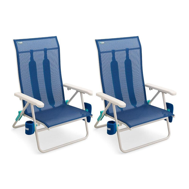 Shibumi Beach Chairs Set of 2. Anti-Rust Marine Grade Frame. 300lb Capacity. Weighs 8 Pounds. Adjustable Padded Backpack Straps. Breathable Fabric.