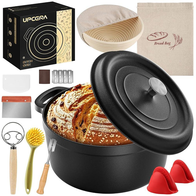 UPCERA 5QT Cast Iron Dutch Oven for Bread Baking, Proofing Basket Sourdough Starter Kit, Bread Making Pan Pot with Lid, Sour Dough Tools Set Includes Lame Supplies, Gifts for Baker