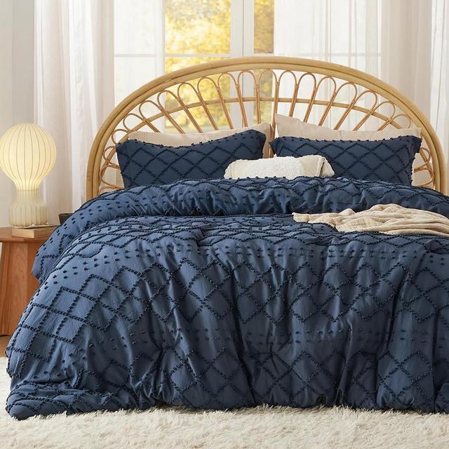 Bedsure King Size Comforter Set - Navy Blue Comforter, Boho Tufted Shabby Chic Bedding Comforter Set, 3 Pieces Farmhouse Bed Set for All Seasons, Fluffy Soft Bedding Set with 2 Pillow Shams