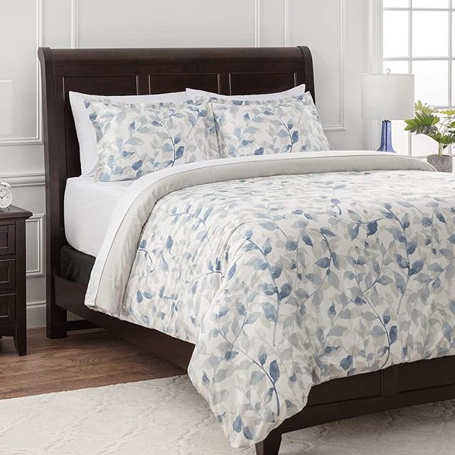 Chanasya 7-Piece Queen Duvet Cover Set - Costal Blue White Leaves Print Microfiber Bedding Combo - 1 Duvet Cover, 4 Pillow Shams, 1 Fitted Sheet, and 1 Flat Sheet