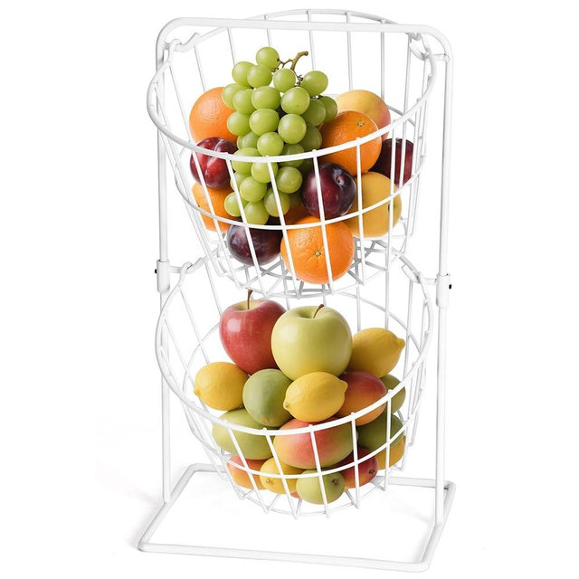 yuejihuisimple 2 Tier Fruit Basket , Countertop Fruit Vegetable Bowl for Kitchen Counter Metal Wire Storage Basket Fruits Stand Holder Organizer for Bread Snack Veggies Produce (White)