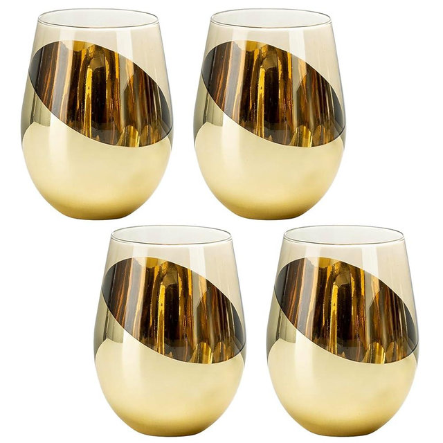 MyGift 18 oz Mid Century Smoked Brown Stemless Wine Glasses with Angled Brass Accents, Translucent Vintage Amber Glass Cocktail Beverage Drinking Cups, Set of 4