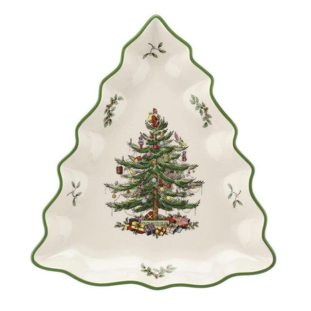 Spode Christmas Tree Collection Tree Shaped Dish, 10-Inch, Made of Porcelain, Serving Dishes, Christmas Tree Design, Green/Beige, Dishwasher and Microwave Safe