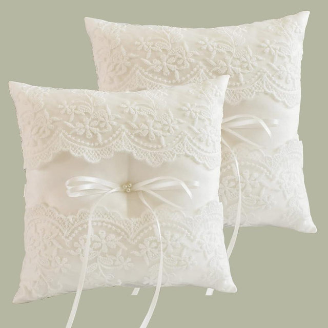 ATAILOVE 2 PCS Wedding Ring Bearer Pillows, Lace Pearl Ivory Ring Pillow Cushion for Wedding Party