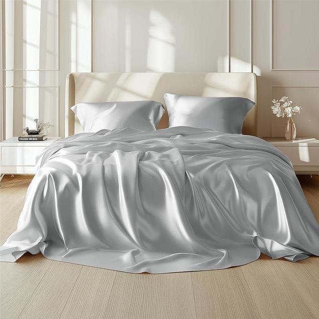 Bedsure Satin Sheets - Soft Satin King Sheets Set, 4 Pcs Luxury Silky Sheets, Similar to Silk Sheets, Silver Grey Satin Sheets King for Hair and Skin, Gifts for Women