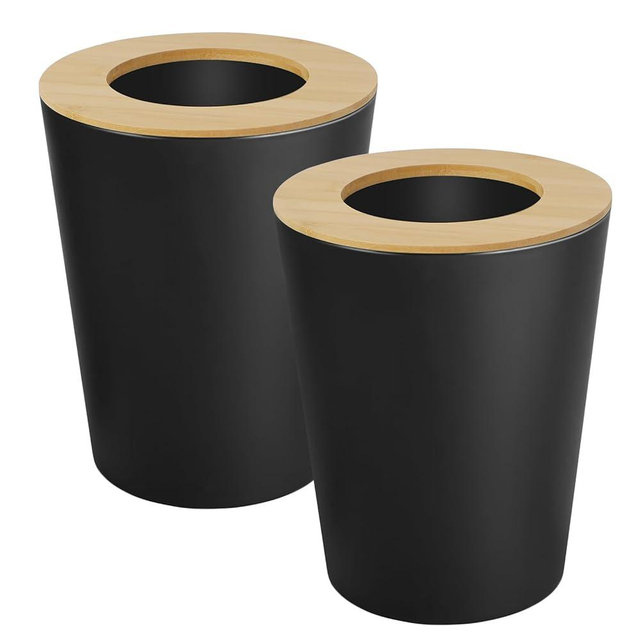 Black Trash Can for Bedroom with Bamboo Lid, 2.4 Gallon Open Top Trash Can 2 Pack, Modern Aesthetic Garbage Can for Room Office Living Room, Small Bathroom Trash Bin Boho Style