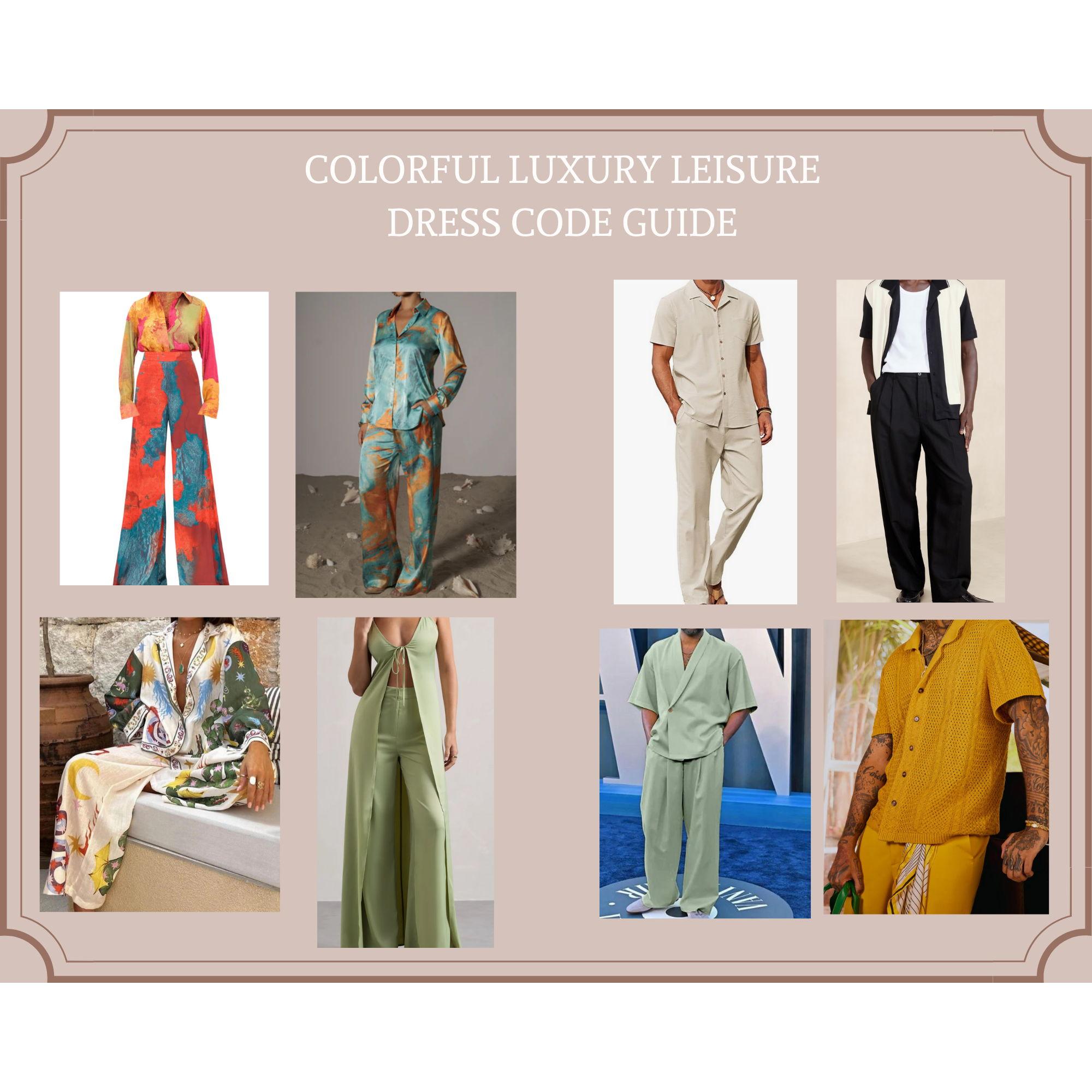 Colorful Luxury Leisure is the dress code for our Welcome Dinner on Tuesday, June 3, 2025. Use the above images as a guide, but choose your outfit as you see fit.