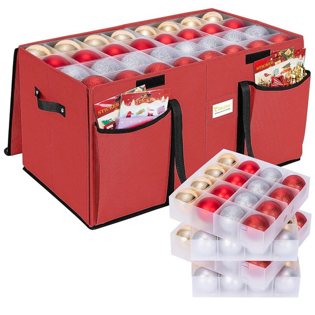 BALEINE Christmas Ornament Storage Box with Dividers, Premium Holiday Ornaments Storage Container Bin for Xmas Decorations (128 Ball, Red, Hard)