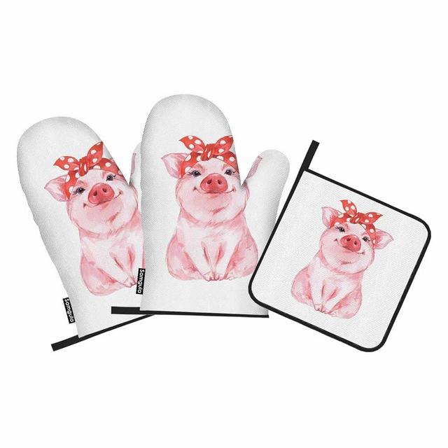 Samgula Pink Pig Oven Mitts and Pot Holders Sets Cute Animal Cub with Turban Heat Resistant 3pcs for Cooking Baking BBQ