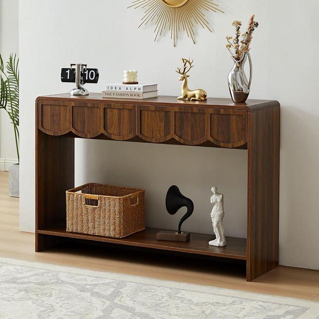 Console Table with Drawers, Mid-Century 47 Inches Narrow Entryway Table with Open Storage Shelves, Hallway Accent Table Behind Couch Table for Living Room - Walnut