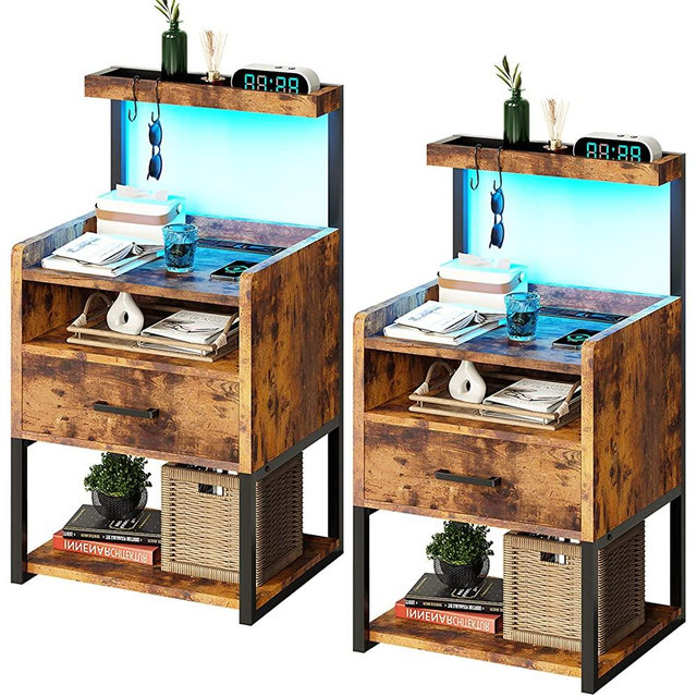 AOGLLATI Nightstand Set of 2 with Charging Station, Rustic Brown Night Stands for Bedroom Set of 2, Bedside Table with Storage Drawer and LED Light, End Side Table with USB Ports Easy Assembly