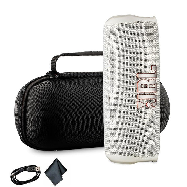JBL Flip 6 Portable Wireless Speaker | Deep Bass Sound, IP67 Waterproof Rating | Bluetooth Audio for Outdoor, Travel, Beach, Hiking, and Home Use (White) with Travel Case + Microfiber Cloth